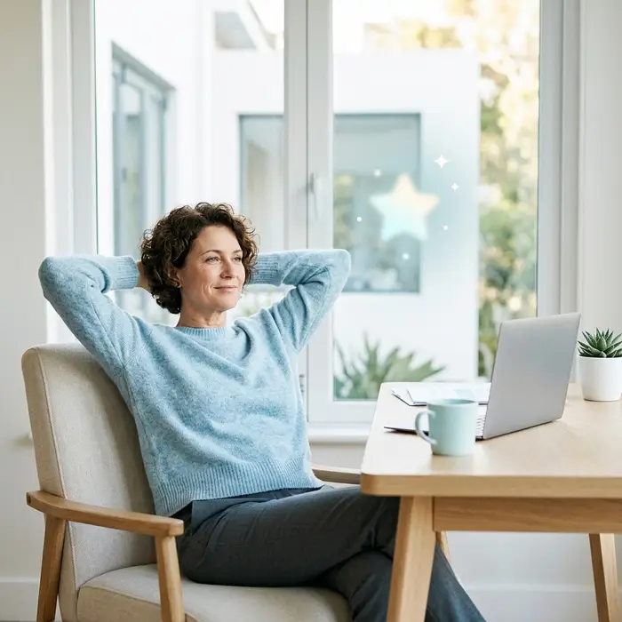 Founder relaxed at bright minimal desk working effortlessly