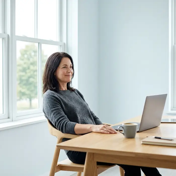 Founder relaxed at desk, calm and focused