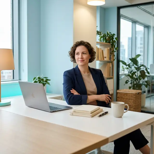 Founder working calmly at bright minimal desk