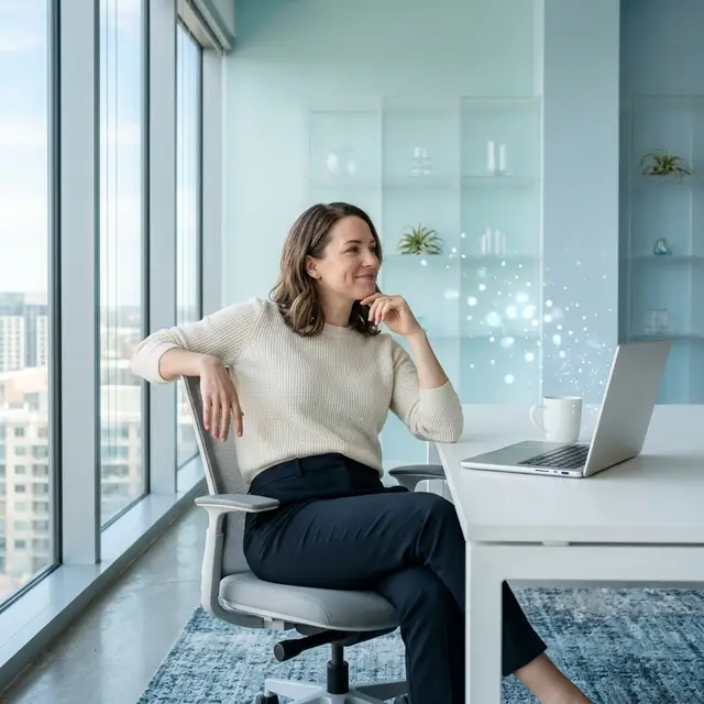 Founder relaxed at bright workspace with laptop