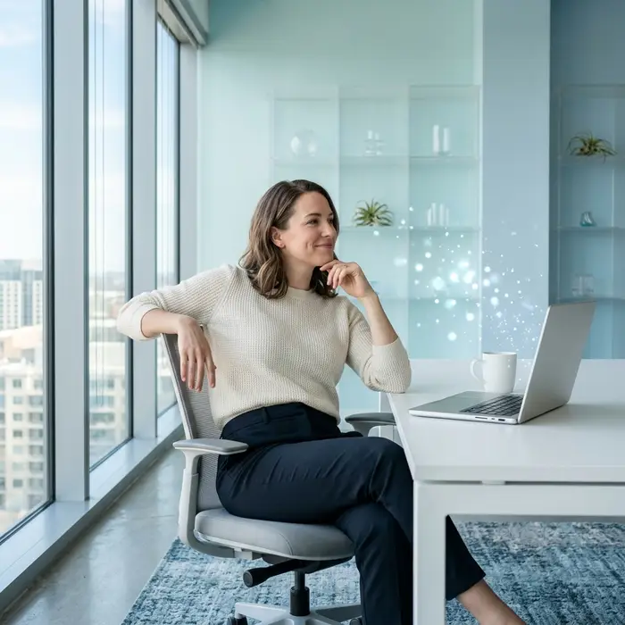 Founder relaxed at bright workspace with laptop